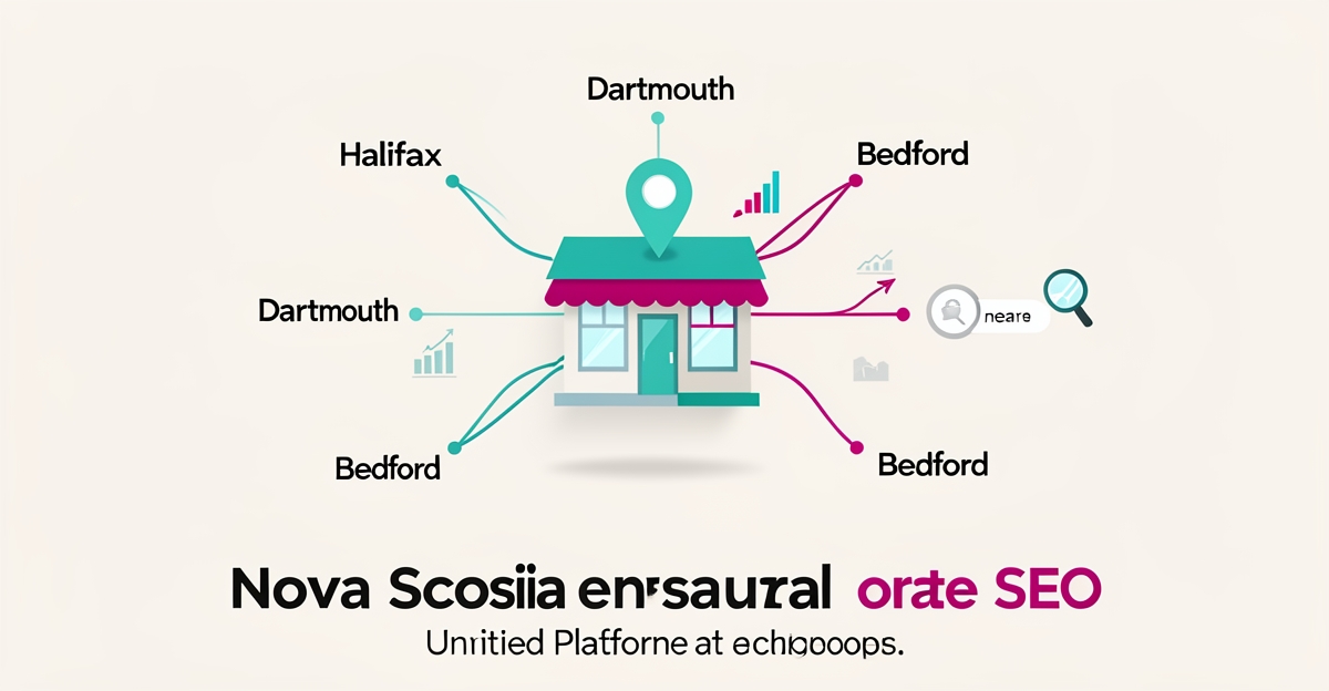 Flat illustration of a unified restaurant website hub connecting Nova Scotia neighborhoods for local SEO growth.