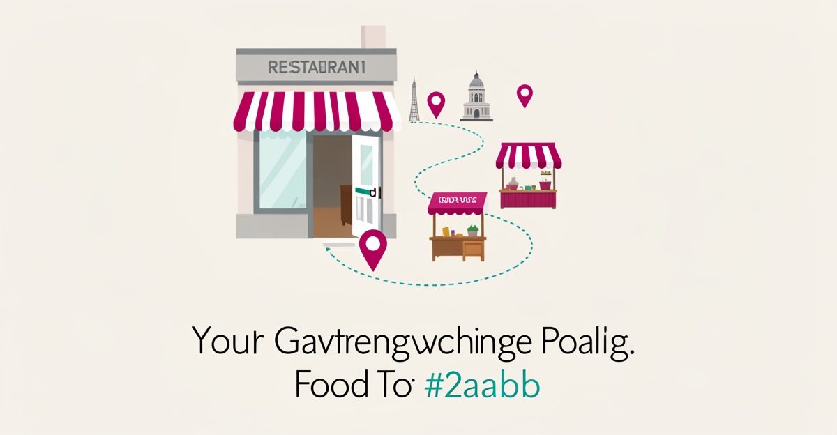 Flat illustration of a restaurant storefront connected by a dotted tour route through local food stops in brand teal and magenta.