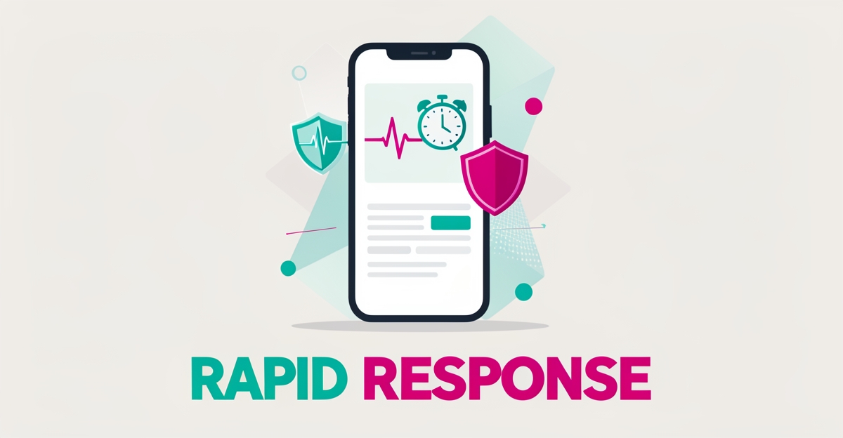 Flat illustration of a smartphone displaying a nursing service website with heartbeat and clock icons in teal and magenta, headline Rapid Response.
