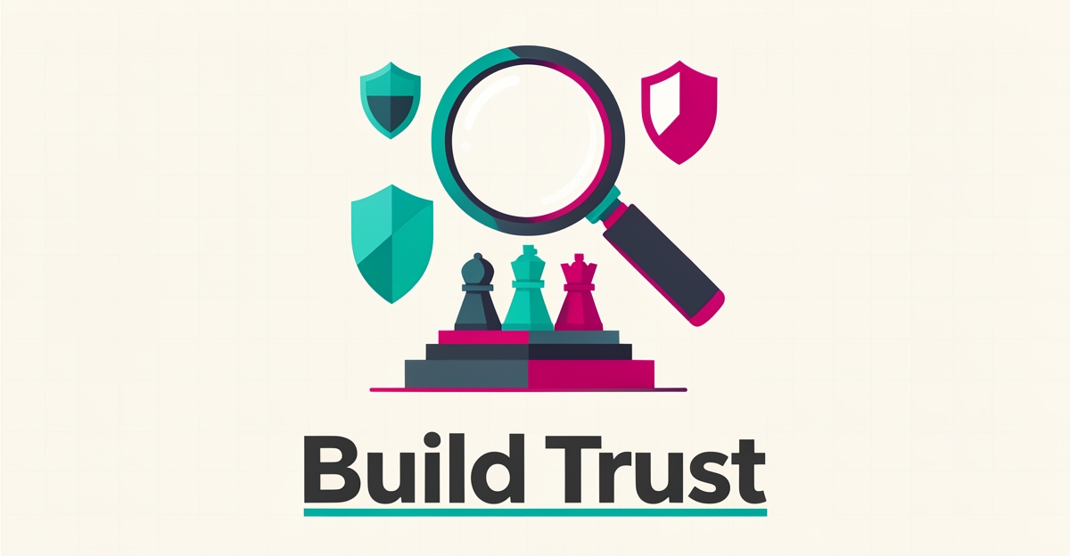 Flat illustration of a magnifying glass over chess pieces in teal and magenta, symbolizing trusted executive search expertise.