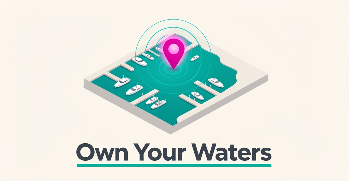 Flat illustration of a marina map with a glowing pin and teal coverage rings, headlined Own Your Waters for gelcoat repair service areas.