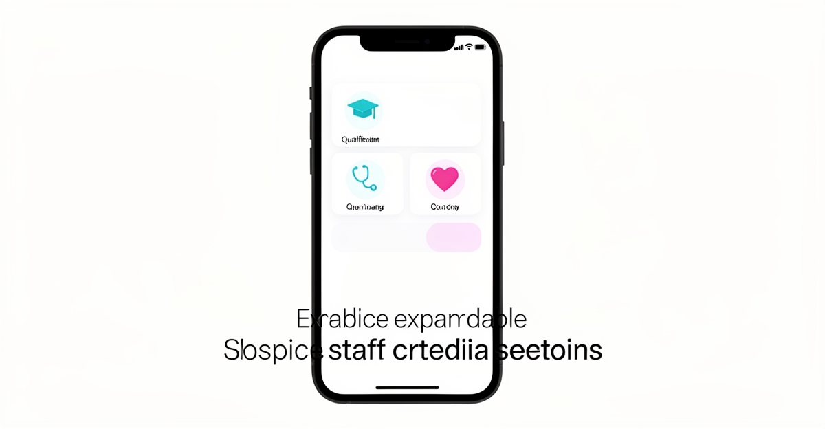 A mobile screen showing a minimalist, expandable hospice staff credentials section with soft icons and brand color accents, designed for clarity and compassion.