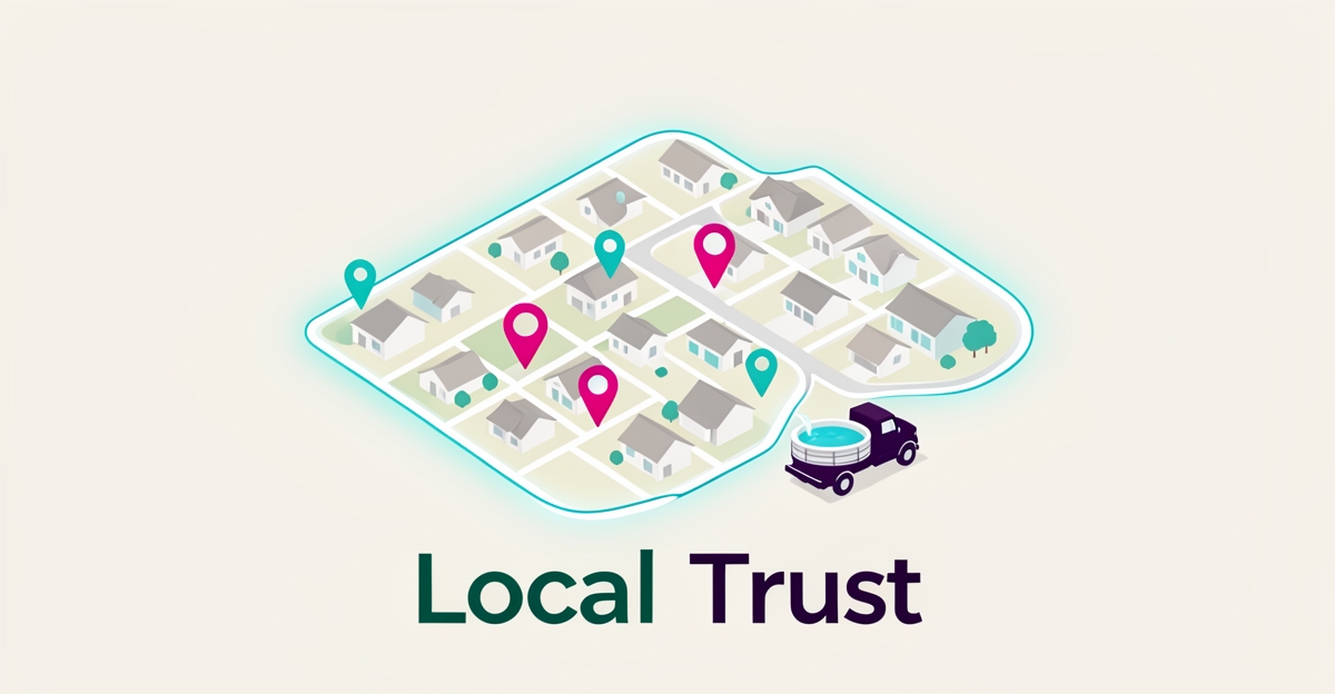 Flat illustration of a neighborhood service map with pins and a highlighted coverage zone, accented in teal and magenta, headline reading Local Trust.