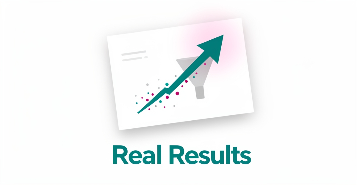 Flat illustration of a website page with a rising arrow showing leads converting into clients, accented in teal and magenta.