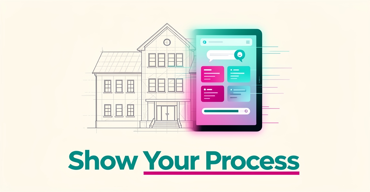 Flat illustration of a school blueprint merging into a digital interface with workflow cards, accented in teal and magenta, headline reading Show Your Process.