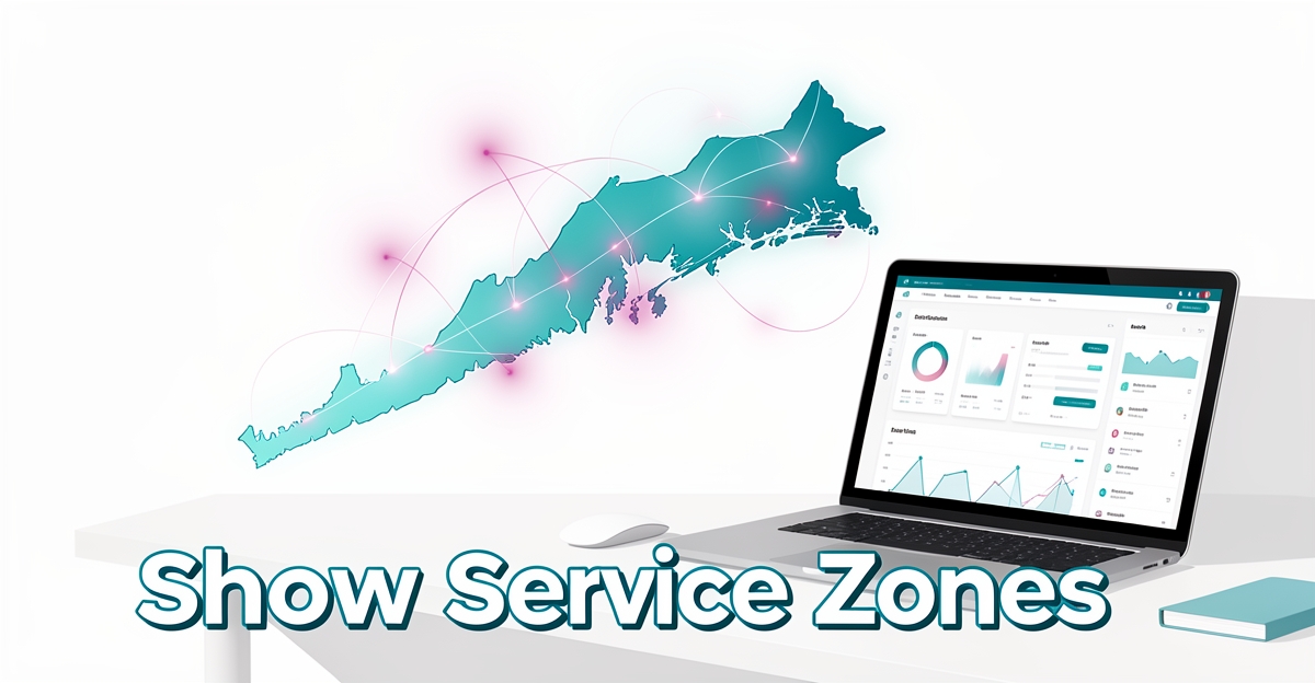 Modern flat illustration of Nova Scotia service zones glowing over a coastline map with AI data pulses, featuring the headline 'Show Service Zones' in the lower third as a design accent
