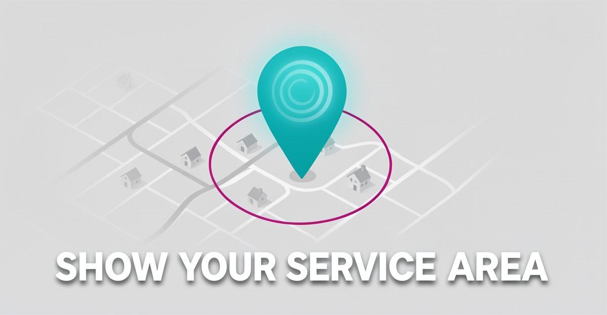 A flat illustration of a map pin with a colored service radius over a neighborhood layout, accompanied by the headline 'Show Your Service Area' in the lower third.