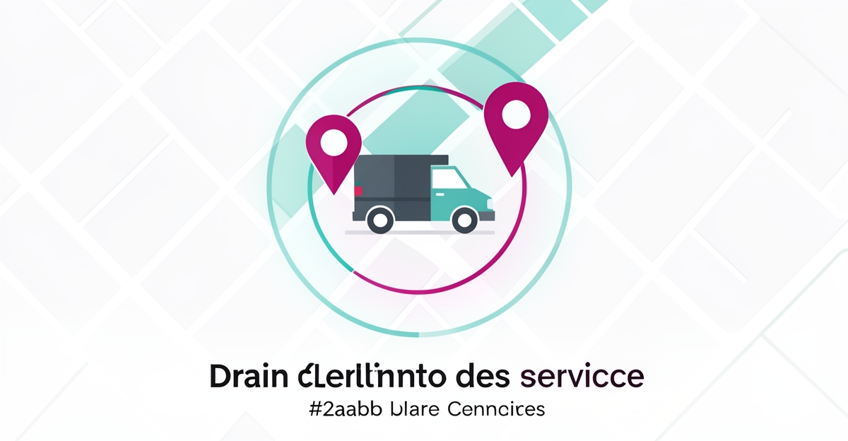 Flat illustration of a map with service radius and drain icon showing local drain cleaning coverage.