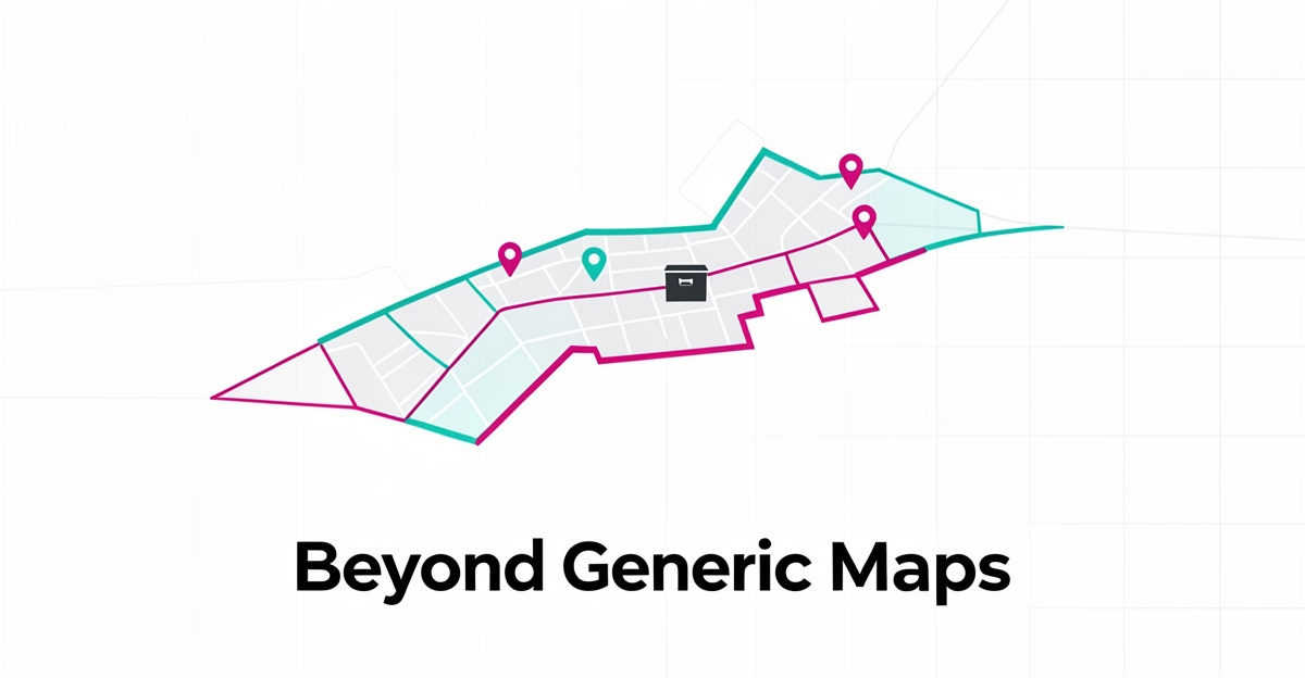Flat illustration of a custom Halifax service area map with teal and magenta polygon boundaries and location pins, headlined Beyond Generic Maps.