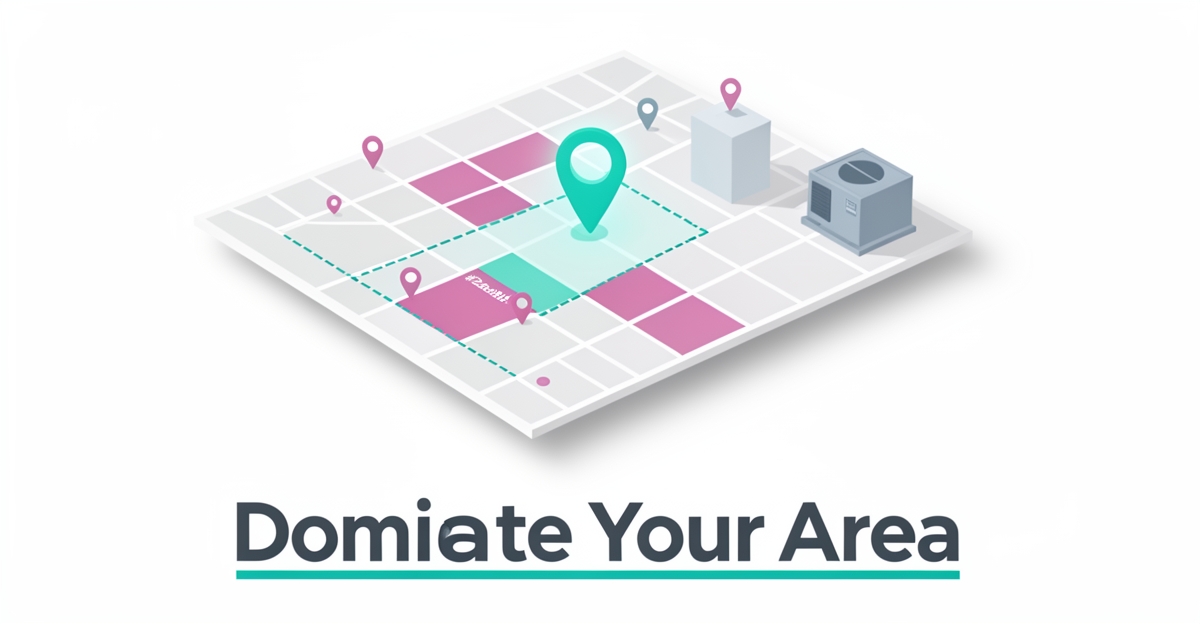 Flat illustration of a city map with a geofenced HVAC service area, map pin, and neighborhood zones highlighted in teal and magenta.