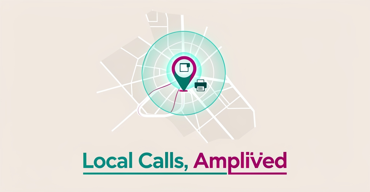 Flat illustration of a stylized map with a teal service-area pin and magenta radius highlighting local label printing coverage.