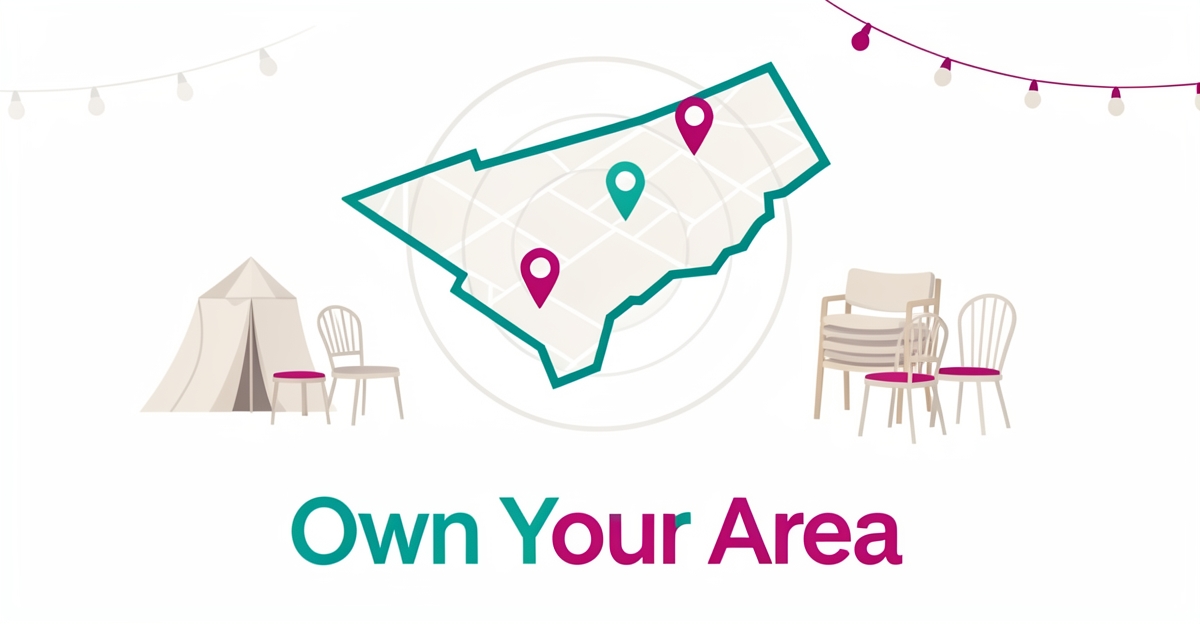 Flat illustration of a party rental service area map with pins, tent and chairs in teal and magenta brand colors.