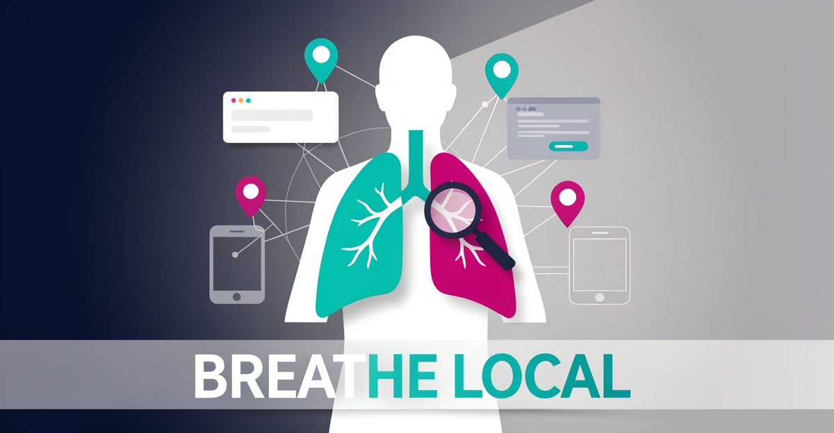 Abstract flat illustration of human lungs with digital search icons and network connections representing online visibility for pulmonology practices.