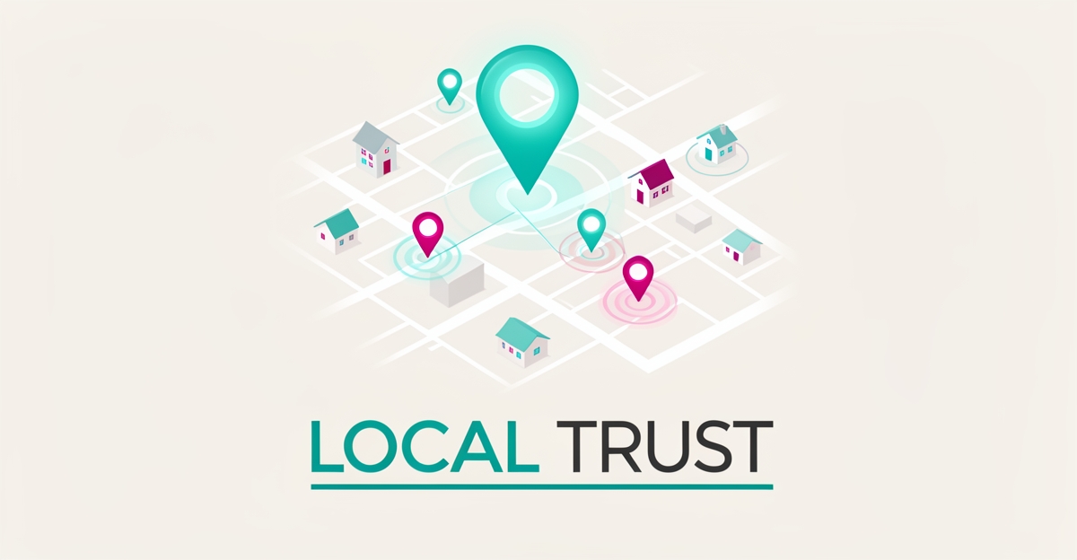 Flat illustration of an interactive neighborhood map with glowing service-area pins and radius circles in teal and magenta, headlined Local Trust.