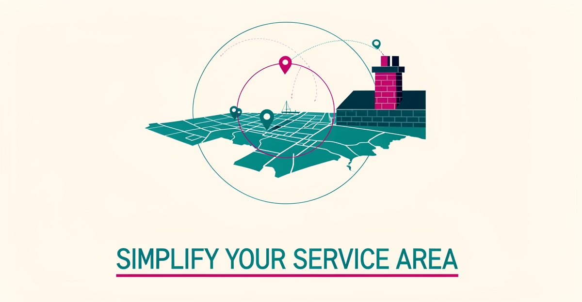 Flat illustration of a Halifax-style coastal map with service area pins and a chimney silhouette, accented in teal and magenta.