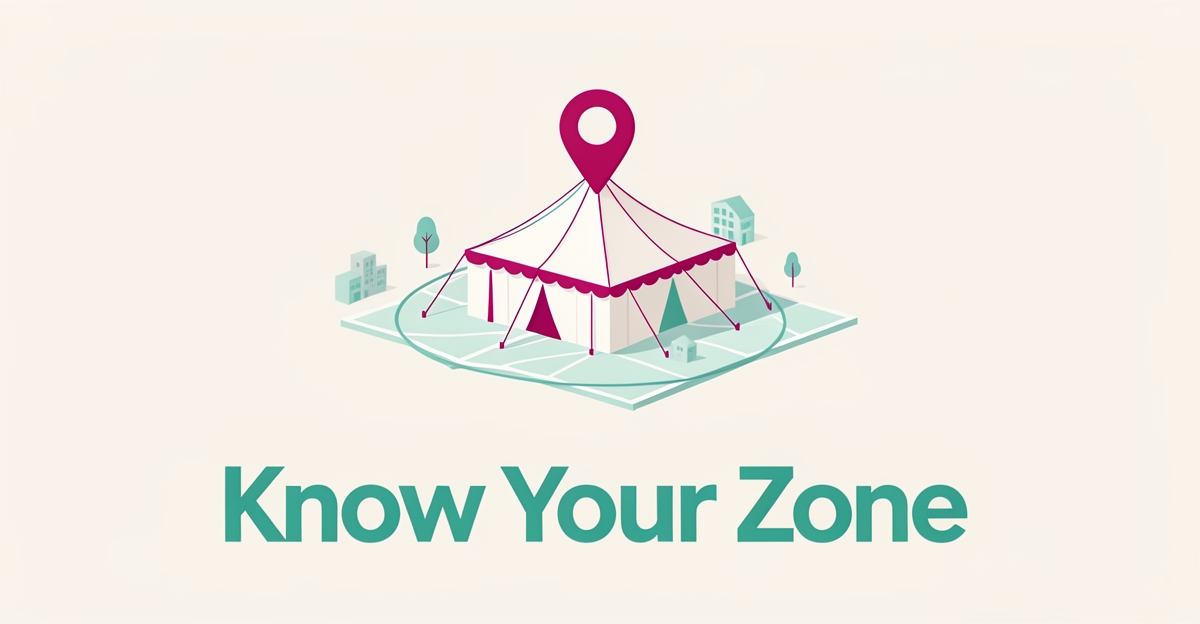 Flat illustration of a tent with a map pin and service radius, symbolizing a clear tent rental service area.
