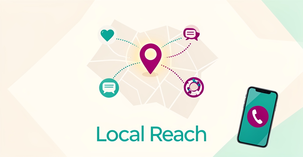Flat illustration of a local service area map with a location pin and care service icons, accented in teal and magenta, with the headline Local Reach.