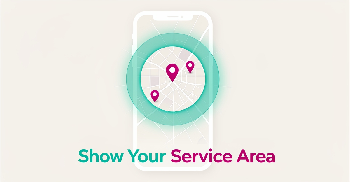 Flat illustration of a digital map with teal service-area radius and magenta location pins, headlined Show Your Service Area.