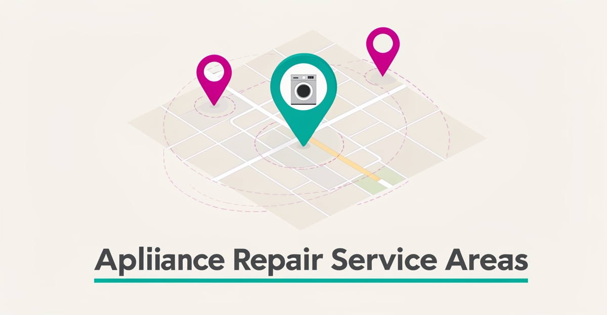 Flat illustration of a neighborhood map with a teal location pin over a washer and dryer, showing appliance repair service area coverage.