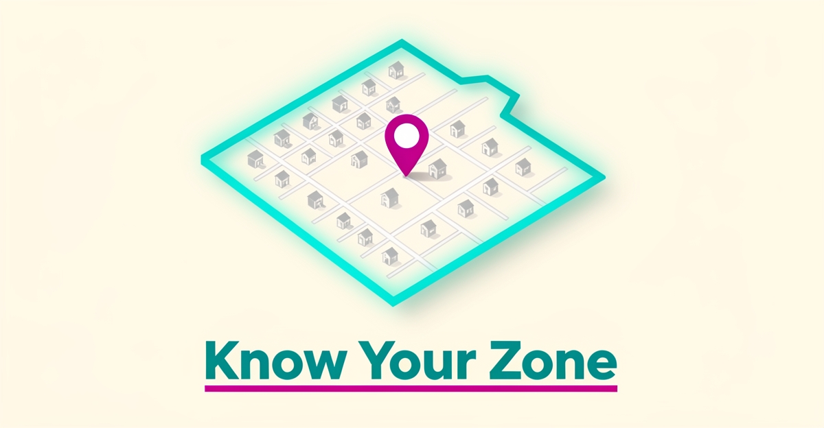 Flat illustration of a neighborhood map with a teal service area boundary and a magenta location pin, headline reading Know Your Zone.