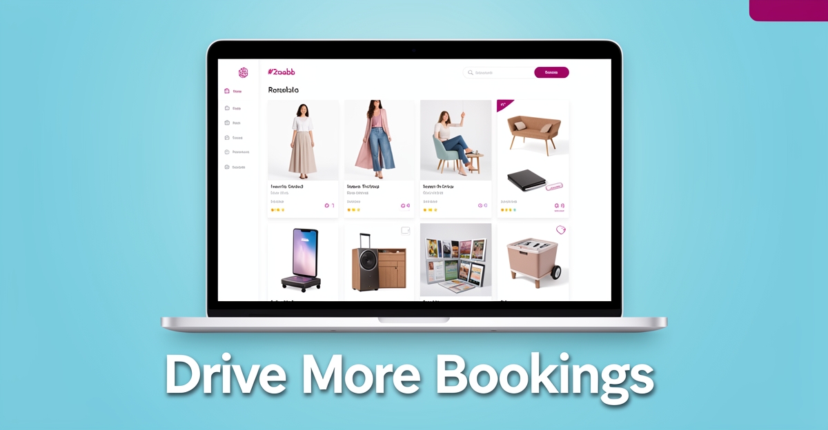 A minimalist flat illustration of a rental product showcase on a laptop screen, featuring brand-colored accents and the headline 'Drive More Bookings' in the lower third.