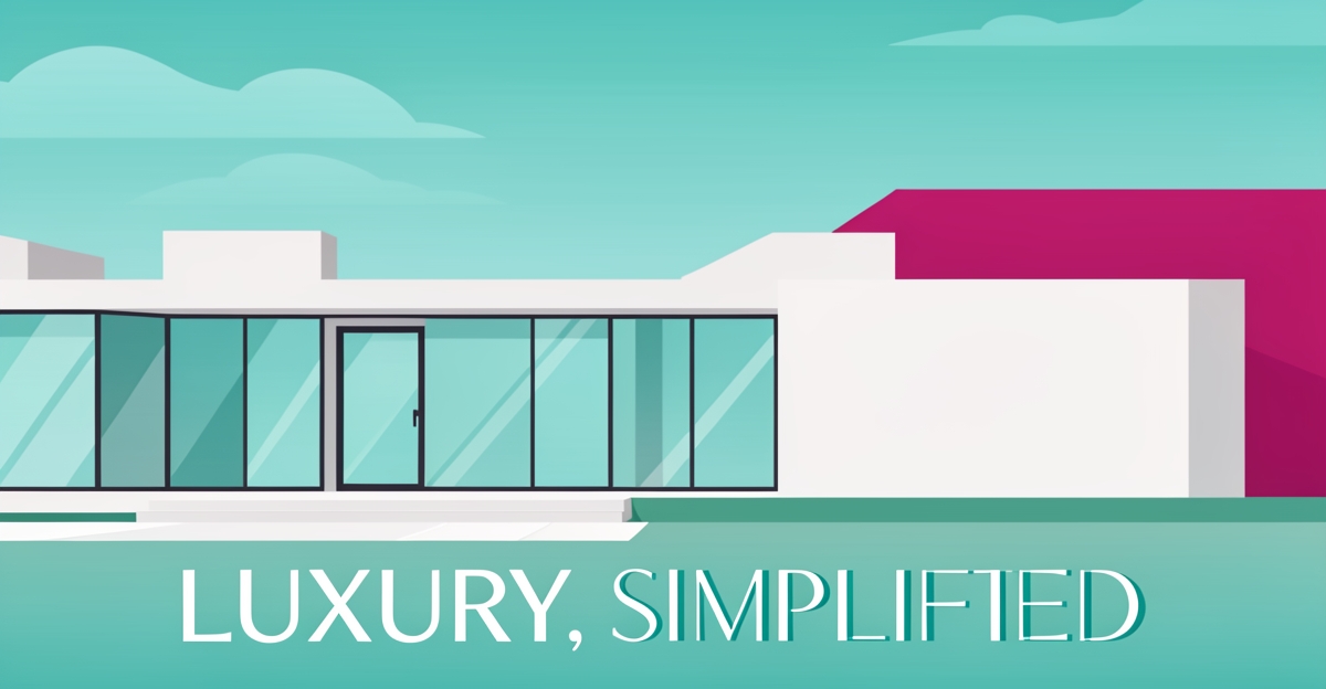 Minimalist flat illustration of a luxury modern home with teal and magenta accents and the headline Luxury, Simplified.
