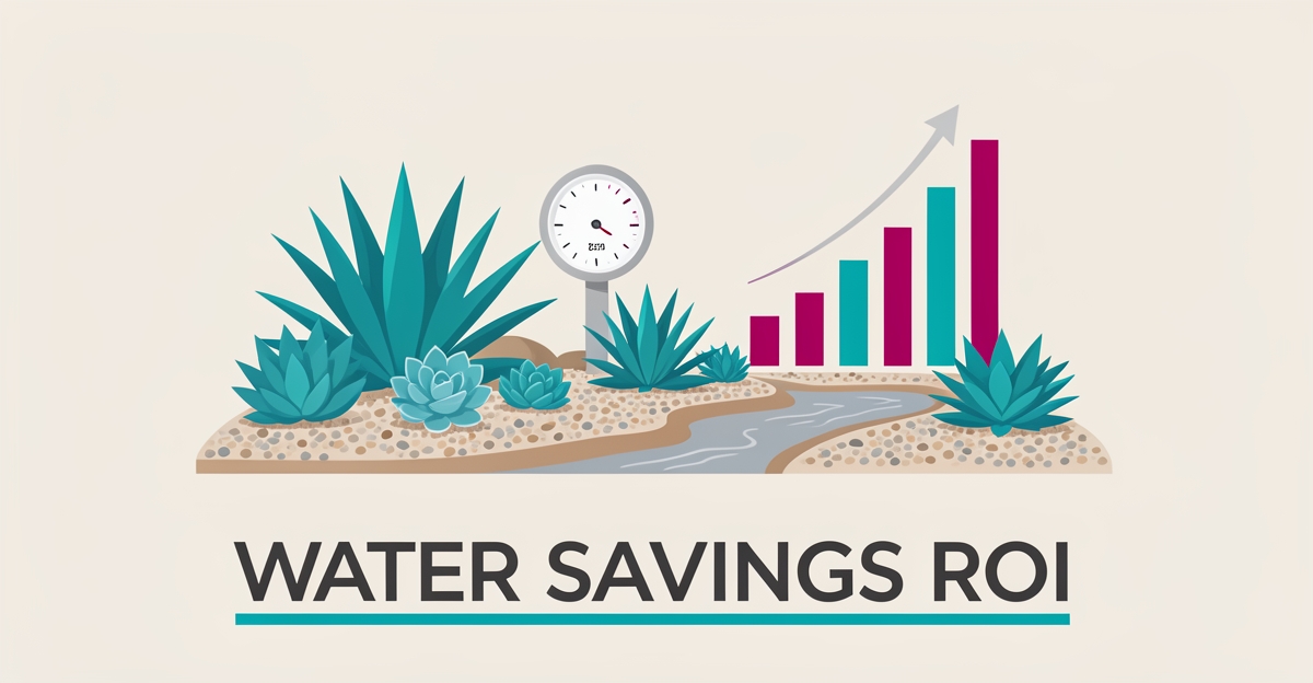 Flat illustration of a xeriscaped yard with water savings and ROI chart accents in teal and magenta.