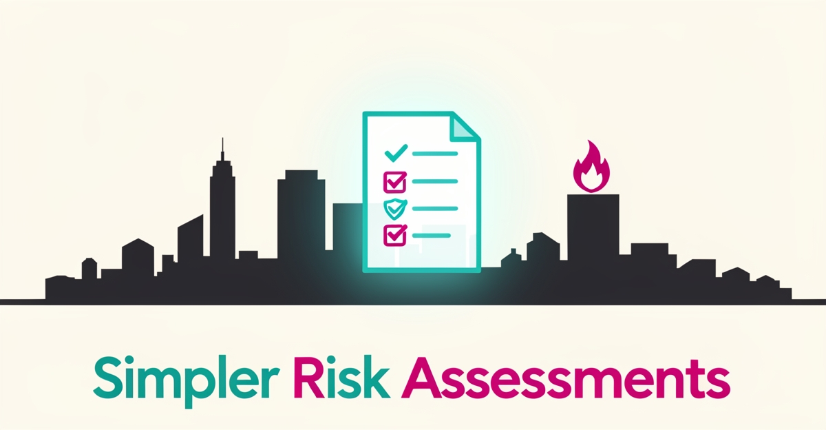 Flat illustration of a Halifax skyline with a complex fire risk document simplifying into a clear checklist, accented in teal and magenta.