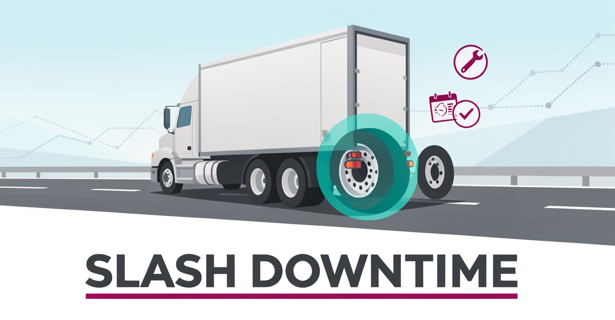 Flat illustration of a semi truck with a highlighted tire surrounded by maintenance icons, headlined Slash Downtime.