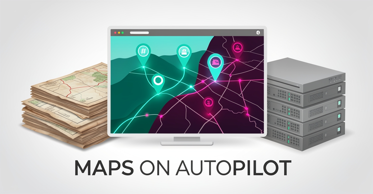Flat illustration of a glowing AI-powered digital map replacing a faded stack of traditional GIS software and paper maps.