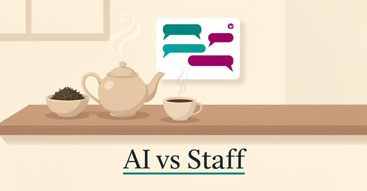 Flat illustration of a tea shop counter with teapot, tea leaves, and AI chat bubbles in teal and magenta accents.