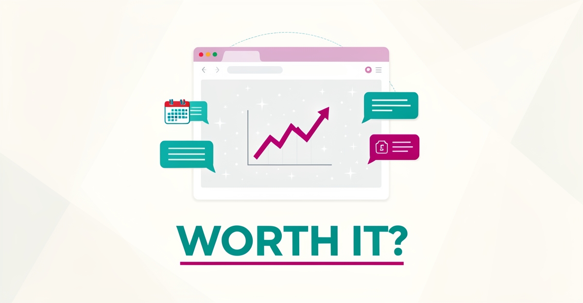 Flat illustration of a website platform with cleaning and automation icons in teal and magenta, headlined 'Worth It?' for post-construction cleaning businesses.
