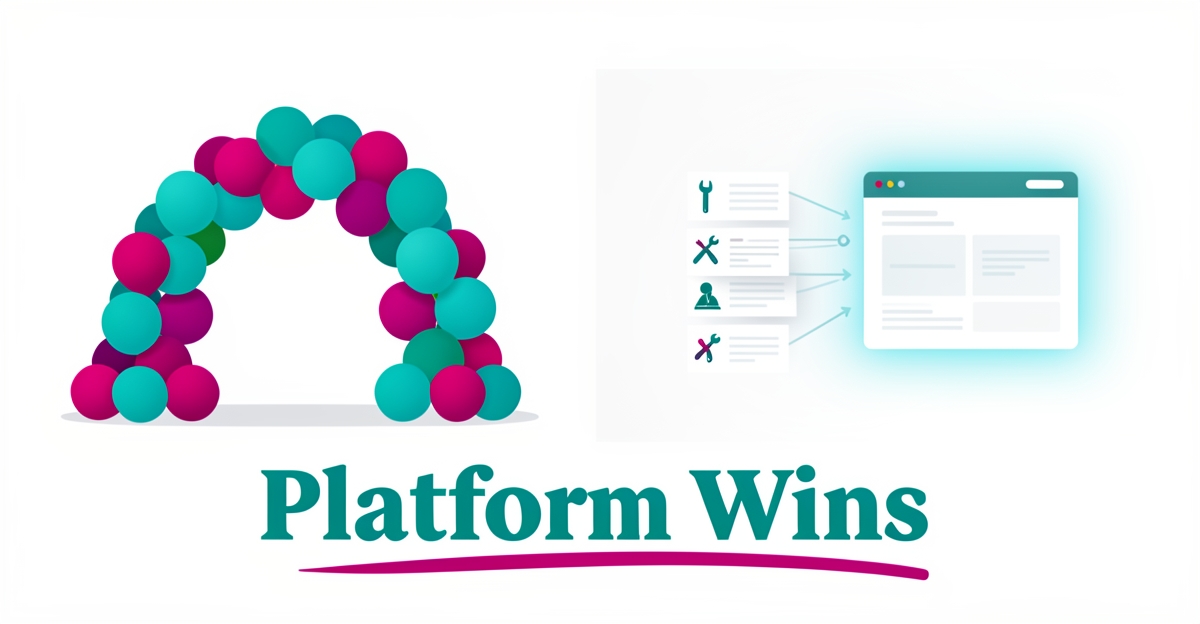 Flat illustration contrasting colorful balloon decor with a streamlined smart website platform replacing scattered tools, teal and magenta accents.