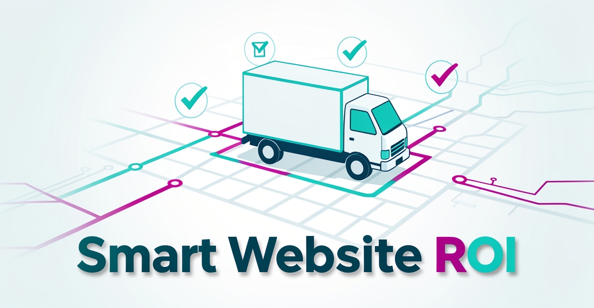 Flat illustration of a delivery truck on a digital route map with AI routing symbols, using brand colors, with headline 'Smart Website ROI' in lower third