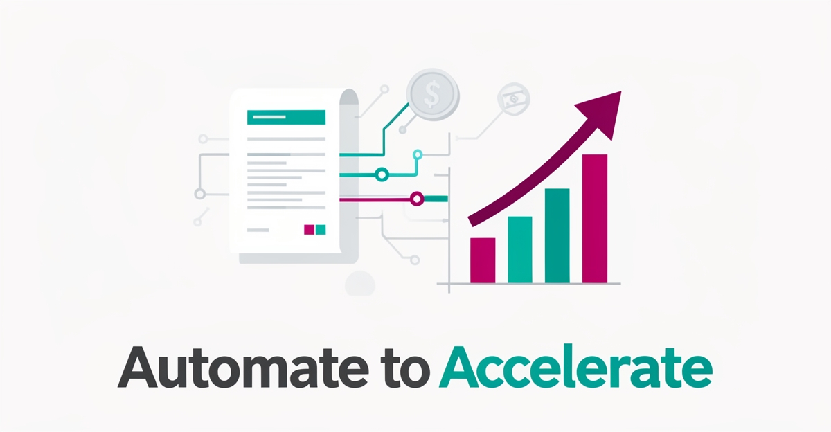 Flat illustration of an invoice flowing through an automated pipeline into a rising growth chart, symbolizing website automation ROI for factoring businesses.
