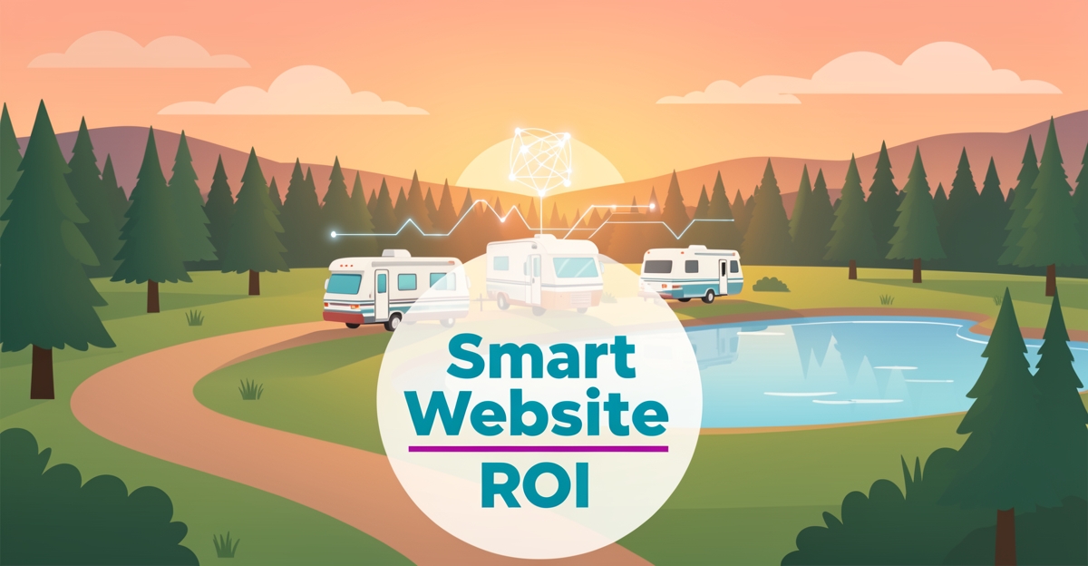 A minimalist flat illustration of a rural Ontario RV park at sunset with AI-inspired digital accents and the headline 'Smart Website ROI' in brand colors, symbolizing technology-driven occupancy growth.