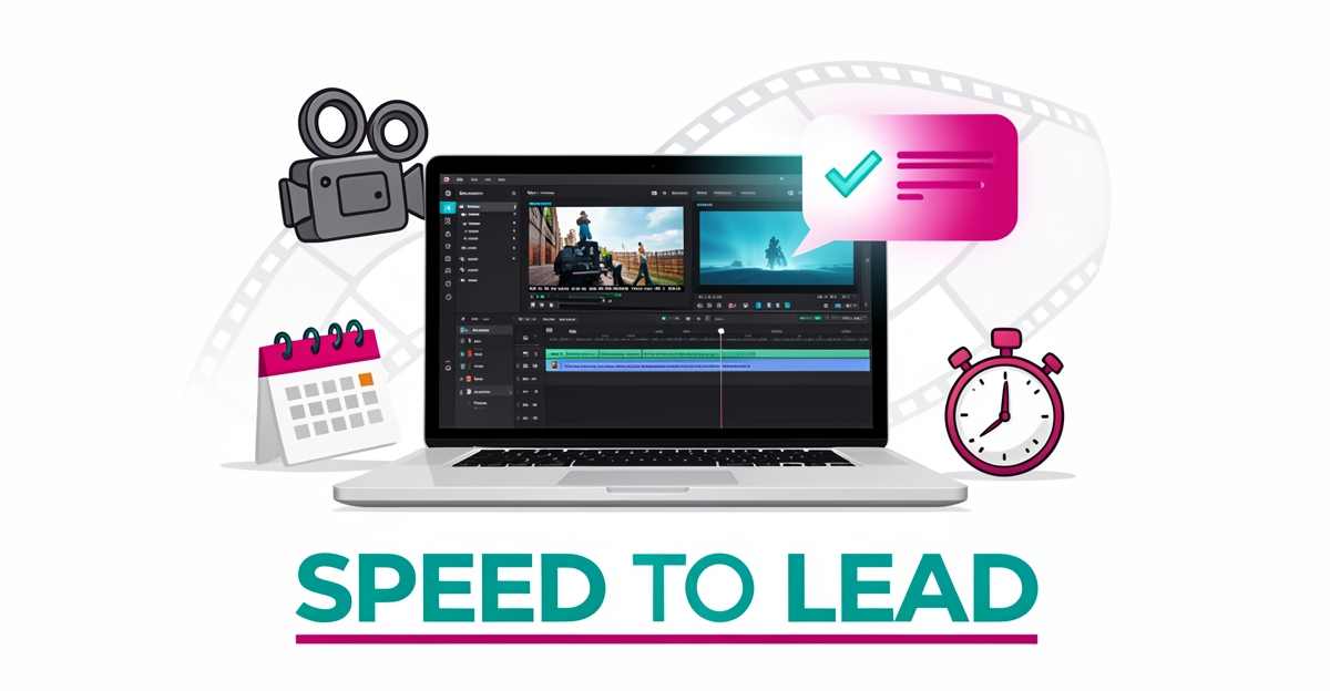 Flat illustration of a laptop with a video timeline and AI chat bubble, representing instant AI follow-ups for event videographer websites.