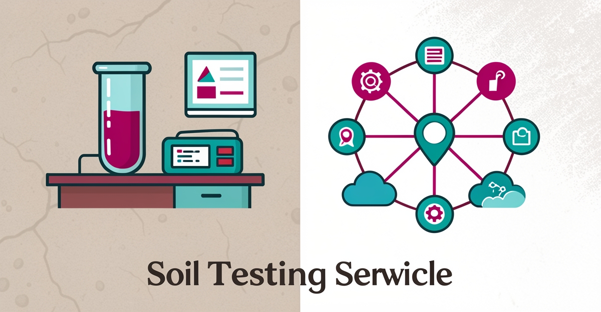 Flat illustration comparing in-house and agency soil testing models with lab icons and network nodes accented in teal and magenta.