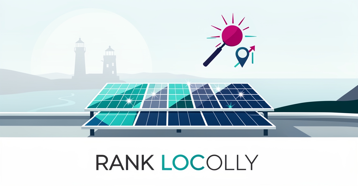 Flat illustration of clean solar panels on a Nova Scotia coastal rooftop with local search icons and the headline Rank Locally.