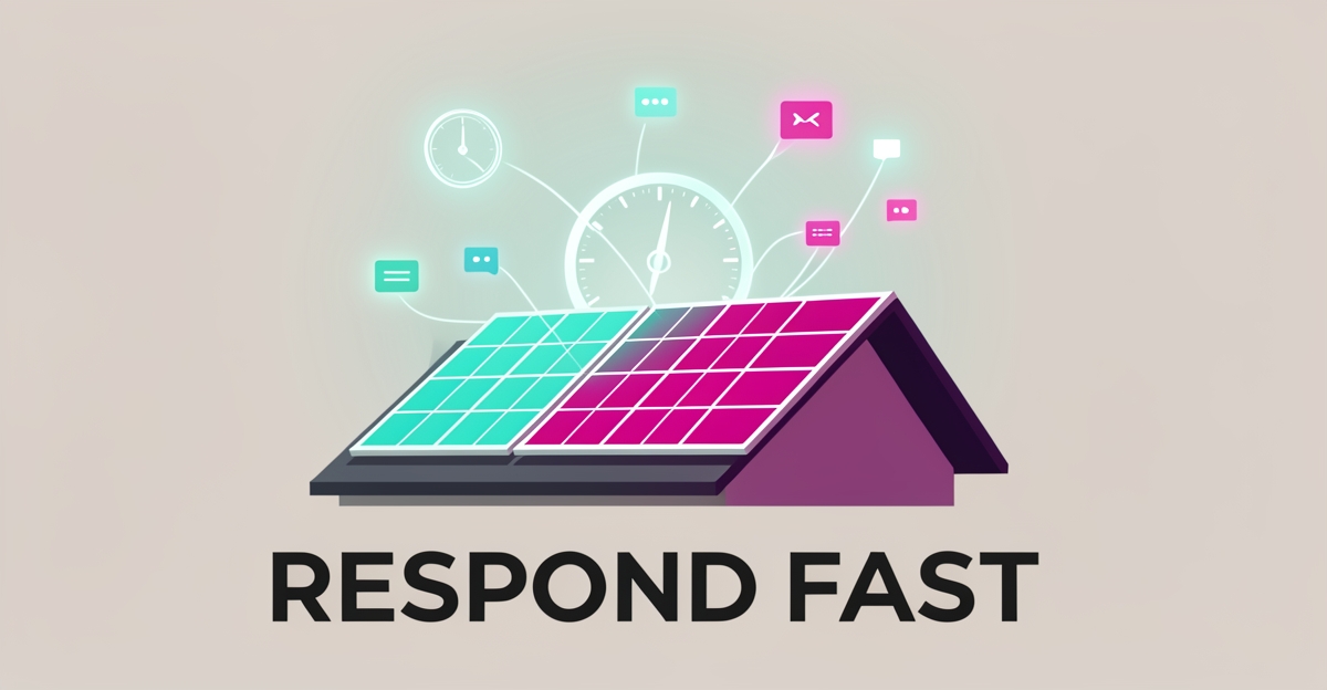 Flat illustration of solar panels on a rooftop with glowing speed lines and a clock motif, accented in teal and magenta, with the headline 'Respond Fast'.