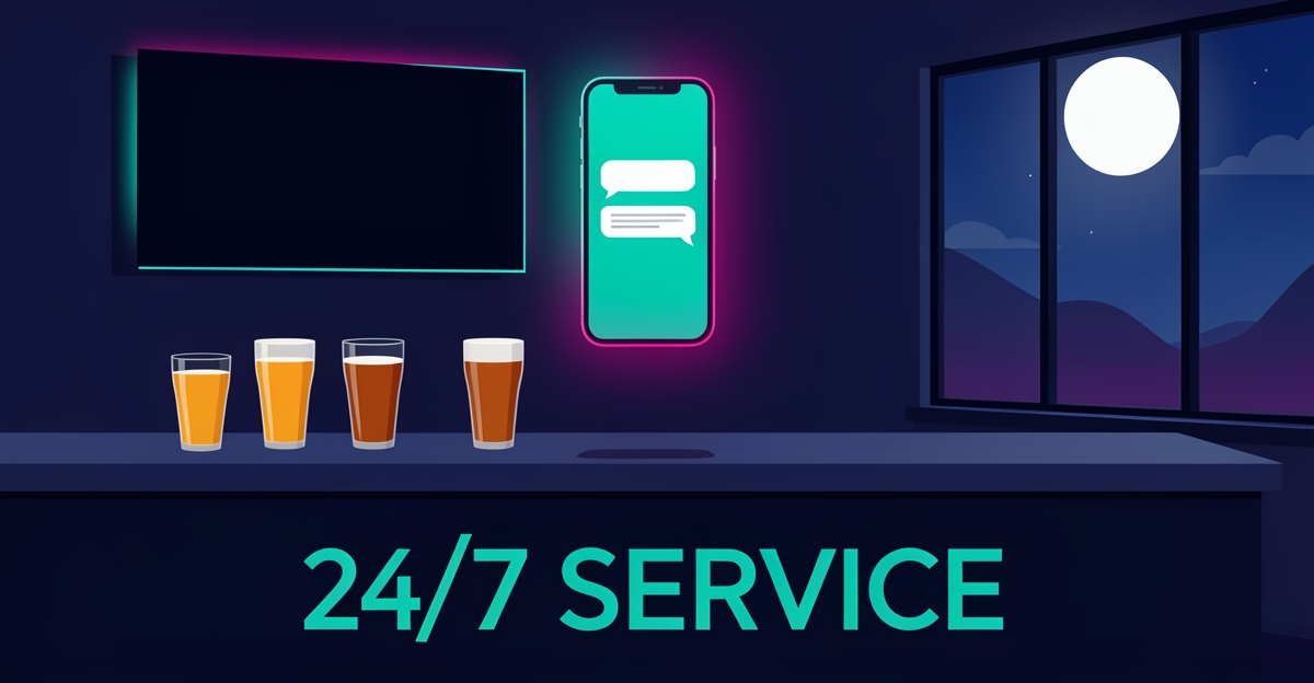 Flat illustration of a Halifax sports bar at night with a glowing AI chatbot phone above the bar, teal and magenta accents, headline 24/7 Service.
