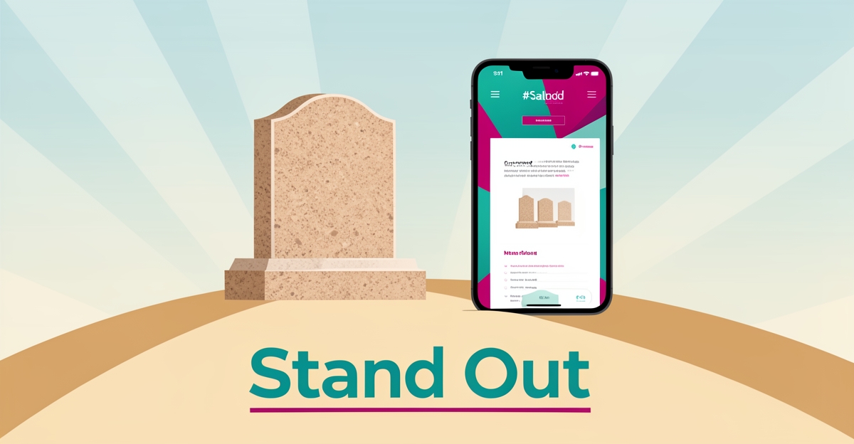 Flat illustration of a memorial monument beside a smartphone showing a memorial website, with teal and magenta brand accents and the headline Stand Out.