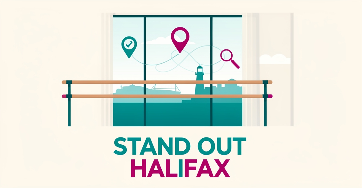 Flat illustration of a barre studio with Halifax skyline, map pin and search icons in teal and magenta, with headline Stand Out Halifax.