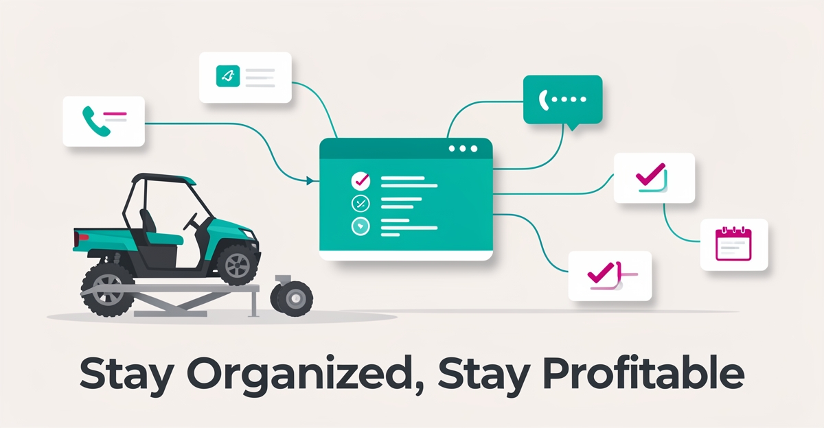 Flat illustration of a UTV on a service lift with lead notification icons flowing into a central dashboard, accented in teal and magenta.