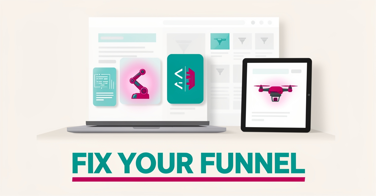 Flat illustration of a laptop showcasing distinct STEM program pages with robotics and coding icons, accented in teal and magenta.
