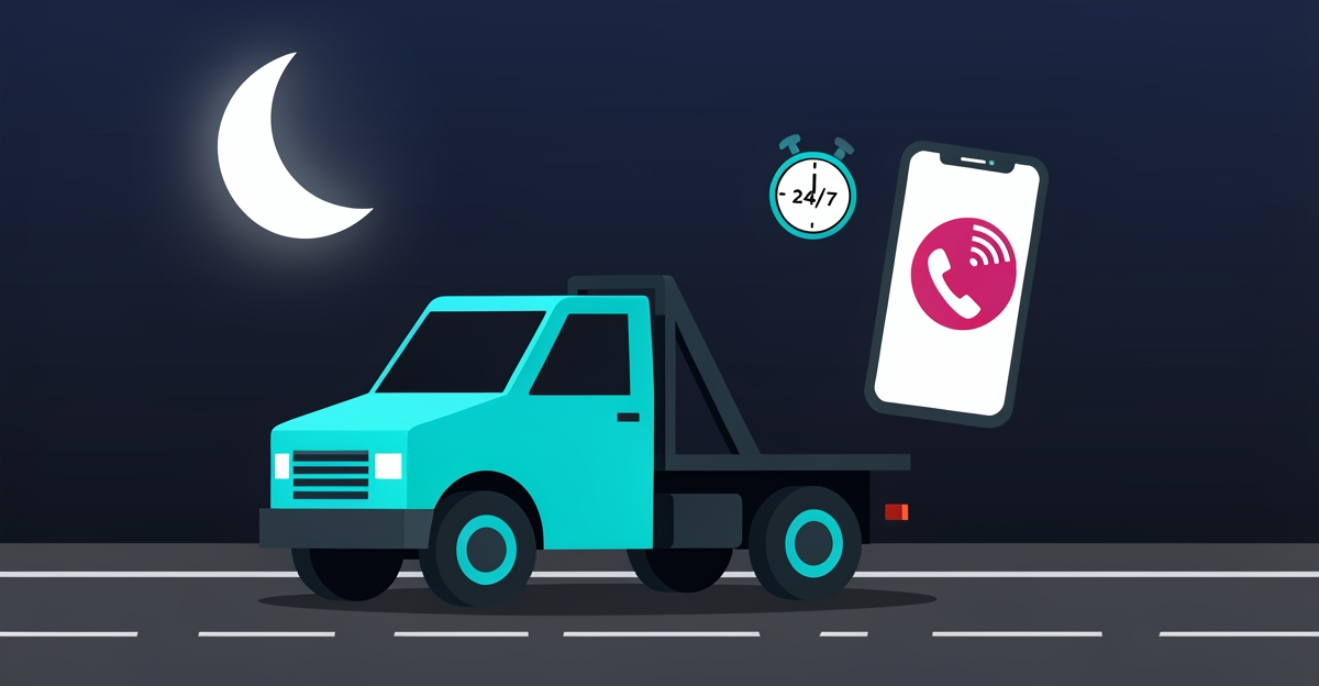 Flat illustration of a tow truck at night beside a smartphone showing an incoming call, representing 24/7 after-hours towing call coverage.