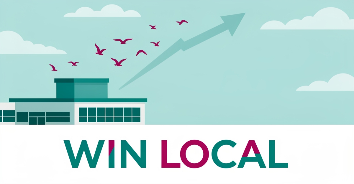 Flat illustration of seagulls leaving a commercial rooftop with a rising growth arrow, symbolizing bird control companies winning local visibility.
