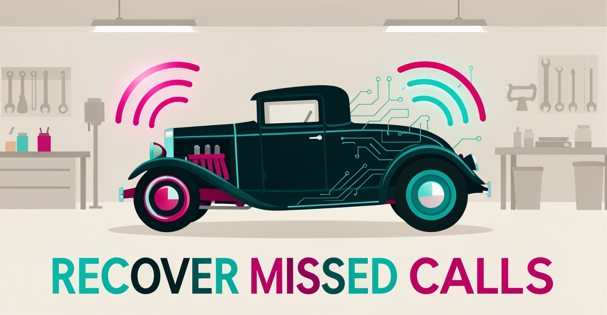 Flat illustration of a hot rod in a garage with glowing AI call signal waves in teal and magenta, symbolizing recovered missed call leads.