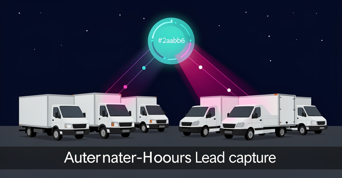 Flat illustration of a fleet parked at night under a glowing AI support interface in teal and magenta, symbolizing 24/7 automated inquiry capture.