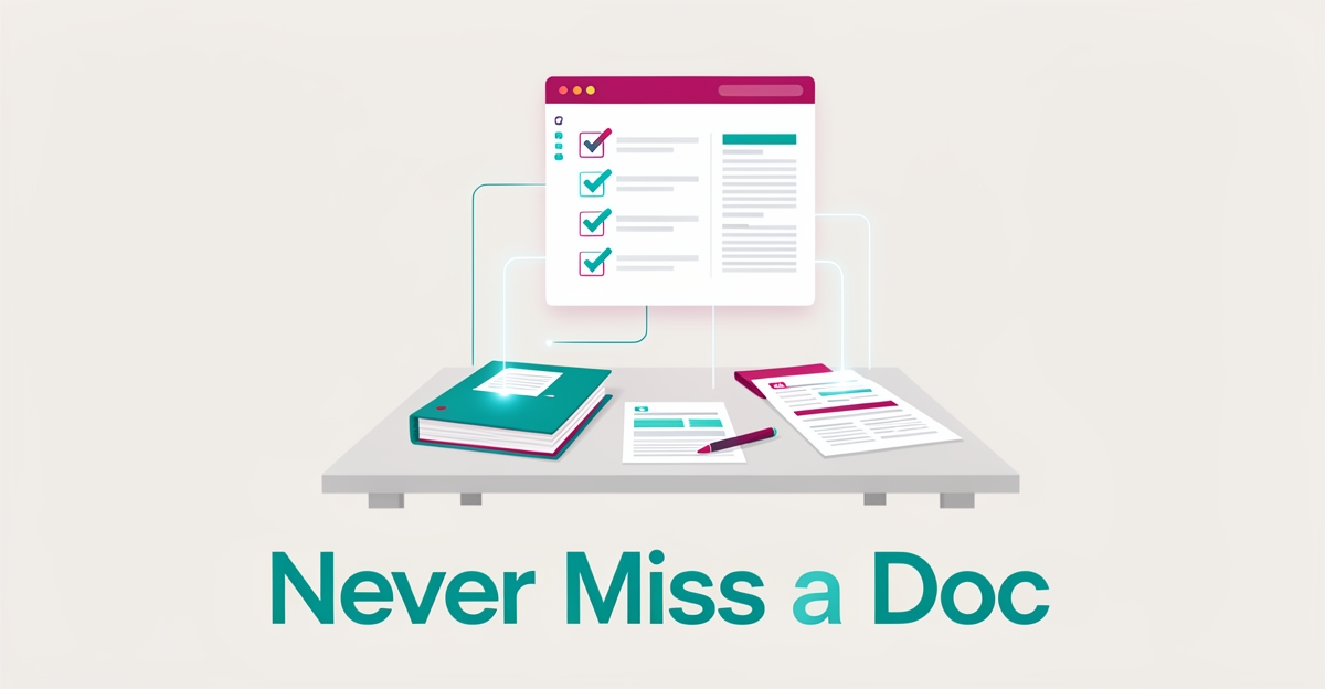 Flat illustration of an AI-powered digital checklist automating tax document collection, accented in teal and magenta with the headline Never Miss a Doc.